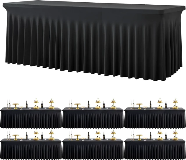 Main image of Black Spandex Tablecloth for 8 Foot Rectangle Tables, 6 Pack Black Wrinkle Free Fitted Table Cloths 8ft Stretchy Banquet Table Clothes Cover Desk Skirt for Birthday Wedding Parties Baby Shower