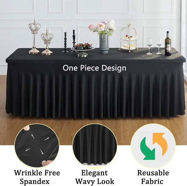 Alt view image 3 of 7 - Black Spandex Tablecloth for 8 Foot Rectangle Tables, 6 Pack Black Wrinkle Free Fitted Table Cloths 8ft Stretchy Banquet Table Clothes Cover Desk Skirt for Birthday Wedding Parties Baby Shower