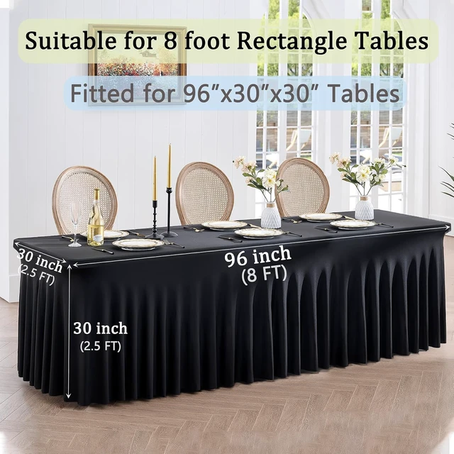 Alt view image 5 of 7 - Black Spandex Tablecloth for 8 Foot Rectangle Tables, 6 Pack Black Wrinkle Free Fitted Table Cloths 8ft Stretchy Banquet Table Clothes Cover Desk Skirt for Birthday Wedding Parties Baby Shower