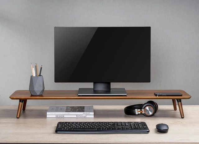 Alt view image 2 of 7 - 39.37 Inch Mid Century Modern Monitor Stand, Mahogany Desktop Shelf, Ergonomic Desk Riser for Computer Laptop Screen, Easy Assembly Desktop Organizer for Home Office