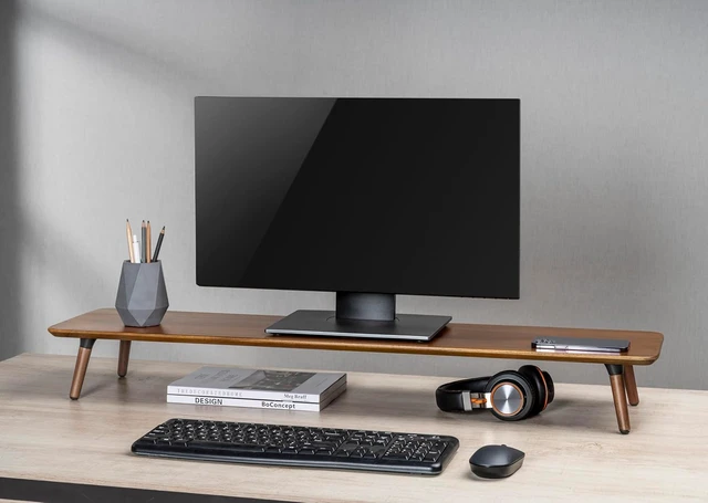 Alt view image 4 of 7 - 39.37 Inch Mid Century Modern Monitor Stand, Mahogany Desktop Shelf, Ergonomic Desk Riser for Computer Laptop Screen, Easy Assembly Desktop Organizer for Home Office