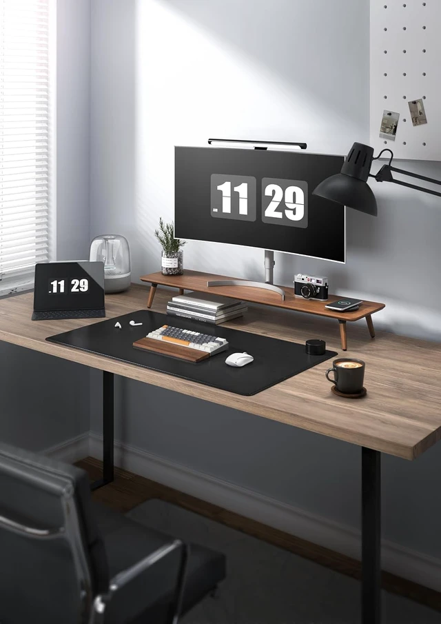 Alt view image 5 of 7 - 39.37 Inch Mid Century Modern Monitor Stand, Mahogany Desktop Shelf, Ergonomic Desk Riser for Computer Laptop Screen, Easy Assembly Desktop Organizer for Home Office