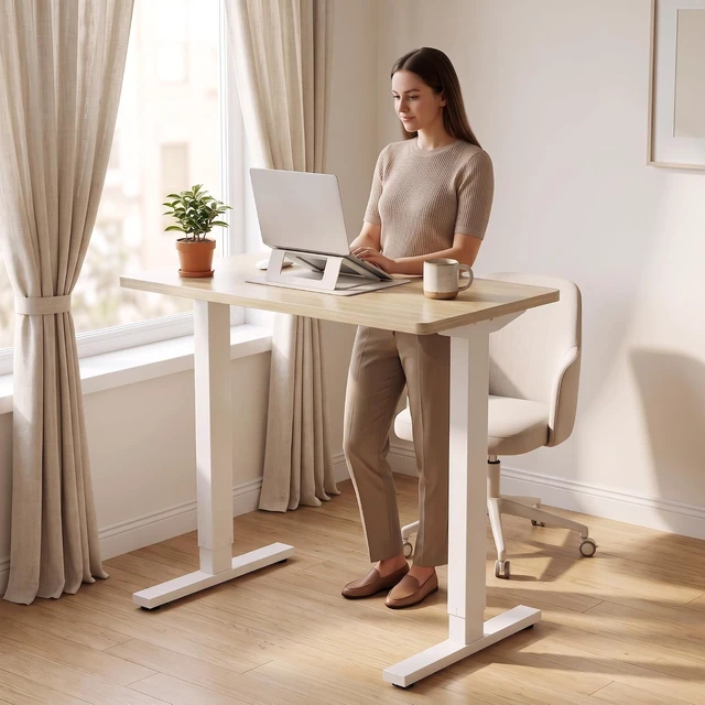 Alt view image 2 of 7 - 32 x 19 Inch Small Electric Standing Desk, Height Adjustable Sit Stand Desk with 4 Memory Presets, Wheel Ready Feet, Rounded Corners, 28.3-46.5 Inch Range, 176 Lbs Capacity, Light Walnut