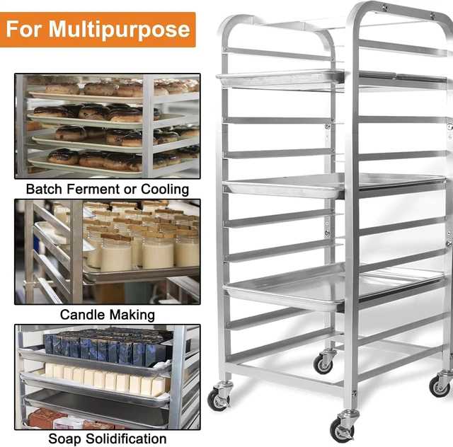 Alt view image 4 of 6 - 10-Tier Rolling Baking Pan Rack with Wheels, Heavy Duty Aluminum Alloy Cooling Rack, Multipurpose Half & Quarter Sheet Pan Storage Cart for Home Bakery Dough Proofing Baking Soap Candle Making