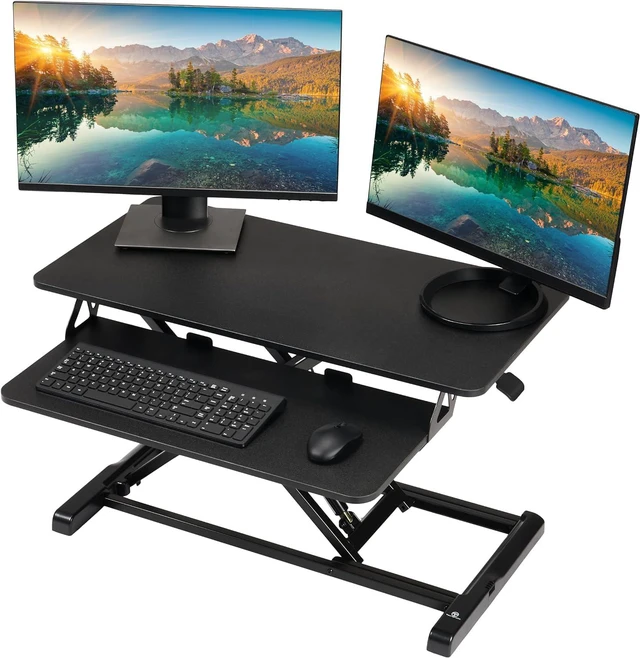Main image of 32 Inch Adjustable Sit to Stand Desk Converter, Particle Board DualMonitor Desktop Riser with Keyboard Tray, Height Adjustable Workstation for Home Office Laptop, Black