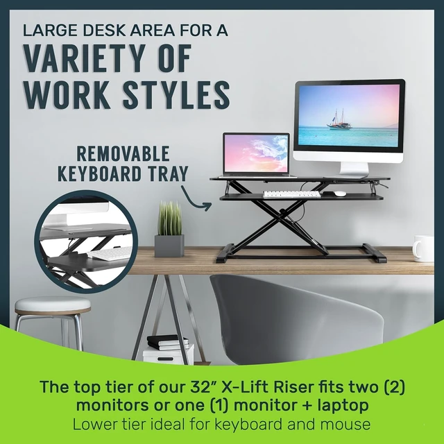 Alt view image 5 of 7 - 32 Inch Adjustable Sit to Stand Desk Converter, Particle Board DualMonitor Desktop Riser with Keyboard Tray, Height Adjustable Workstation for Home Office Laptop, Black