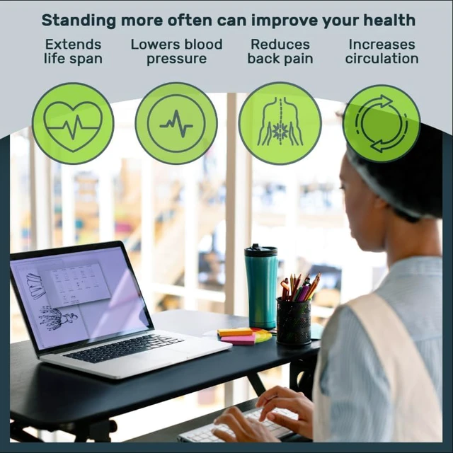 Alt view image 4 of 7 - 32 Inch Adjustable Sit to Stand Desk Converter, Particle Board DualMonitor Desktop Riser with Keyboard Tray, Height Adjustable Workstation for Home Office Laptop, Black