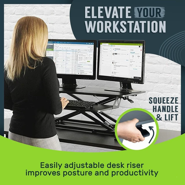 Alt view image 3 of 7 - 32 Inch Adjustable Sit to Stand Desk Converter, Particle Board DualMonitor Desktop Riser with Keyboard Tray, Height Adjustable Workstation for Home Office Laptop, Black