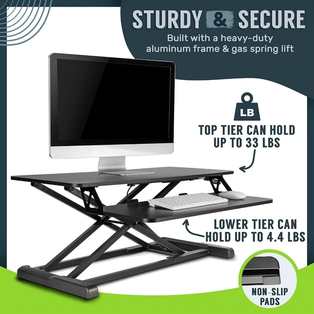 Alt view image 6 of 7 - 32 Inch Adjustable Sit to Stand Desk Converter, Particle Board DualMonitor Desktop Riser with Keyboard Tray, Height Adjustable Workstation for Home Office Laptop, Black