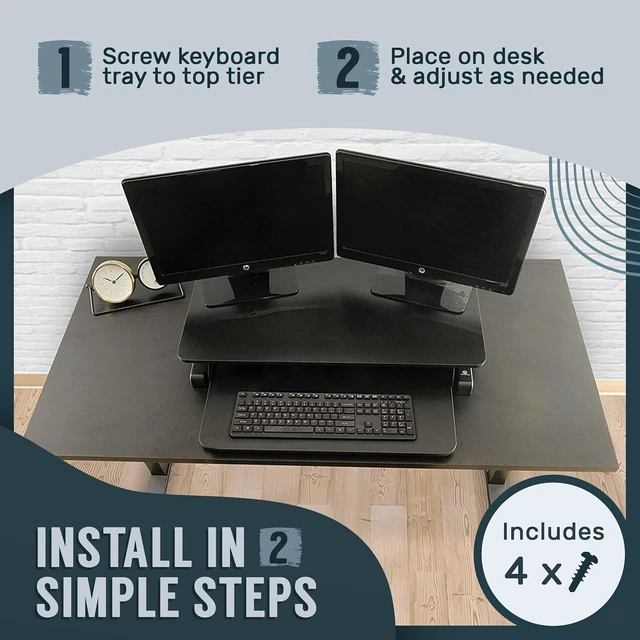 Alt view image 7 of 7 - 32 Inch Adjustable Sit to Stand Desk Converter, Particle Board DualMonitor Desktop Riser with Keyboard Tray, Height Adjustable Workstation for Home Office Laptop, Black