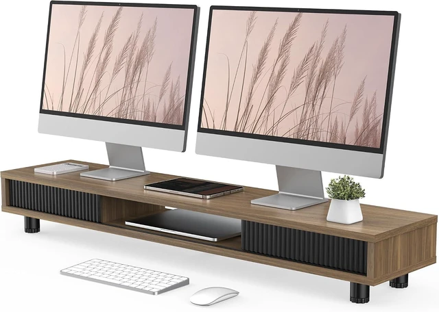 Main image of 42.5 Inch 2-Tier Dual Monitor Stand Riser, Adjustable Height Desk Shelf with Glass Sliding Door & Cable Management, Ergonomic Desktop Organizer for Monitor Laptop PC Screen, Brown