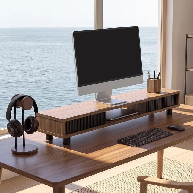 Alt view image 2 of 7 - 42.5 Inch 2-Tier Dual Monitor Stand Riser, Adjustable Height Desk Shelf with Glass Sliding Door & Cable Management, Ergonomic Desktop Organizer for Monitor Laptop PC Screen, Brown