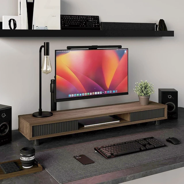 Alt view image 6 of 7 - 42.5 Inch 2-Tier Dual Monitor Stand Riser, Adjustable Height Desk Shelf with Glass Sliding Door & Cable Management, Ergonomic Desktop Organizer for Monitor Laptop PC Screen, Brown