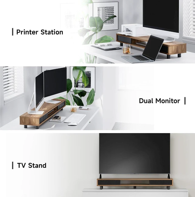 Alt view image 7 of 7 - 42.5 Inch 2-Tier Dual Monitor Stand Riser, Adjustable Height Desk Shelf with Glass Sliding Door & Cable Management, Ergonomic Desktop Organizer for Monitor Laptop PC Screen, Brown
