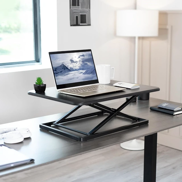 Alt view image 2 of 7 - 26 Inch UltraSlim Height Adjustable Standing Desk Converter, Compact SitStand Desktop Riser for Single Monitor Laptop, No Assembly Required, Black Frame