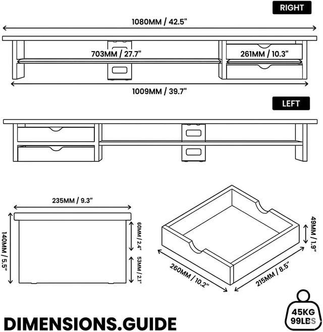 Alt view image 3 of 7 - 42.5 Inch Dual Monitor Stand Riser, 2Tier Oak Desk Shelf with Frosted Storage Drawer, Cable Management, for Dual Monitors Ultrawide Screens Laptop TV Home Office
