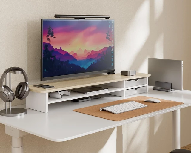 Alt view image 6 of 7 - 42.5 Inch Dual Monitor Stand Riser, 2Tier Oak Desk Shelf with Frosted Storage Drawer, Cable Management, for Dual Monitors Ultrawide Screens Laptop TV Home Office