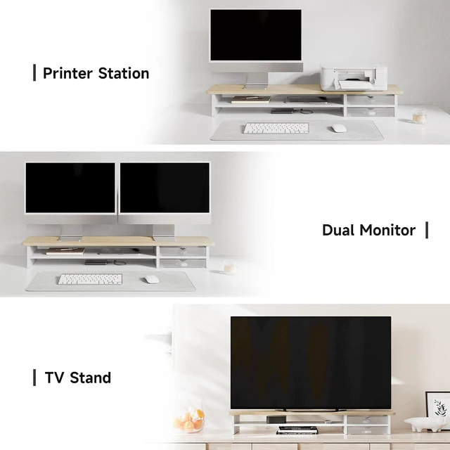 Alt view image 7 of 7 - 42.5 Inch Dual Monitor Stand Riser, 2Tier Oak Desk Shelf with Frosted Storage Drawer, Cable Management, for Dual Monitors Ultrawide Screens Laptop TV Home Office