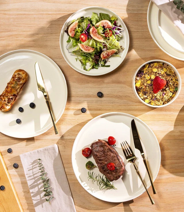 Alt view image 2 of 7 - 12-Piece Ceramic Dinnerware Set for 4, Double Reactive Glaze Plates and Bowls Set, High Temperature Fired Durable Tableware, Stackable Design, Oven Microwave Dishwasher Safe Rustic Home Dining Dishes