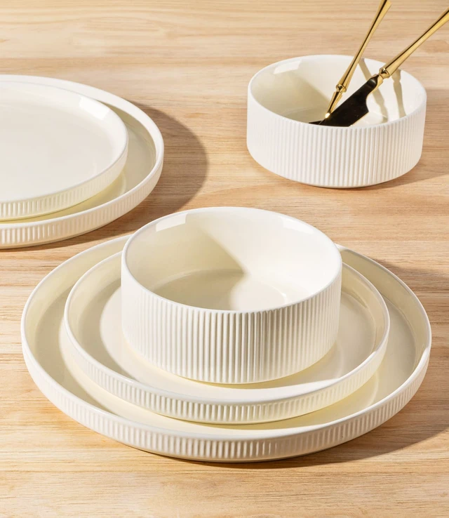 Alt view image 4 of 7 - 12-Piece Ceramic Dinnerware Set for 4, Double Reactive Glaze Plates and Bowls Set, High Temperature Fired Durable Tableware, Stackable Design, Oven Microwave Dishwasher Safe Rustic Home Dining Dishes