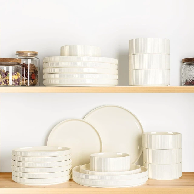 Alt view image 6 of 7 - 18Piece Beige Porcelain Ceramic Dinnerware Set for 6, Lightweight ScratchResistant Plates and Bowls, Oven Microwave Dishwasher Safe Dining Dishes for Daily Home Use