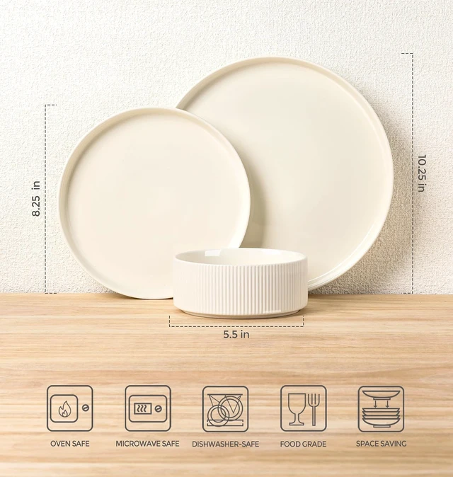 Alt view image 7 of 7 - 12-Piece Ceramic Dinnerware Set for 4, Double Reactive Glaze Plates and Bowls Set, High Temperature Fired Durable Tableware, Stackable Design, Oven Microwave Dishwasher Safe Rustic Home Dining Dishes
