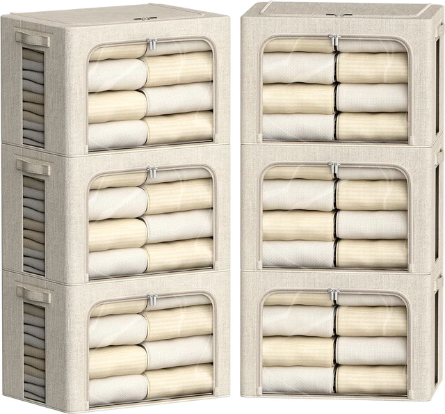 Main image of 6 Pack Foldable Linen Fabric Storage Bins with Metal Frame, 66L Beige Storage Boxes with Clear Window, for Clothes Quilts Seasonal Items Organization