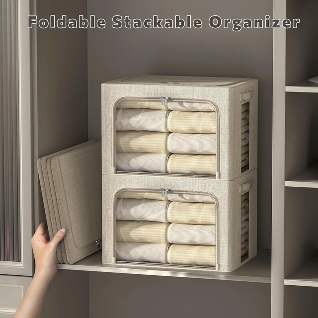 Alt view image 3 of 7 - 6 Pack Foldable Linen Fabric Storage Bins with Metal Frame, 66L Beige Storage Boxes with Clear Window, for Clothes Quilts Seasonal Items Organization