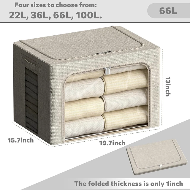 Alt view image 4 of 7 - 6 Pack Foldable Linen Fabric Storage Bins with Metal Frame, 66L Beige Storage Boxes with Clear Window, for Clothes Quilts Seasonal Items Organization