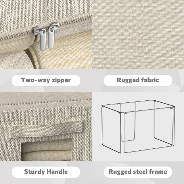 Alt view image 5 of 7 - 6 Pack Foldable Linen Fabric Storage Bins with Metal Frame, 66L Beige Storage Boxes with Clear Window, for Clothes Quilts Seasonal Items Organization