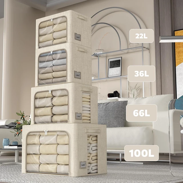 Alt view image 6 of 7 - 6 Pack Foldable Linen Fabric Storage Bins with Metal Frame, 66L Beige Storage Boxes with Clear Window, for Clothes Quilts Seasonal Items Organization