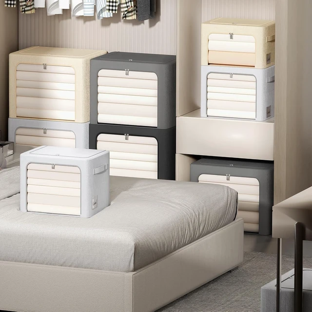 Alt view image 7 of 7 - 6 Pack Foldable Linen Fabric Storage Bins with Metal Frame, 66L Beige Storage Boxes with Clear Window, for Clothes Quilts Seasonal Items Organization