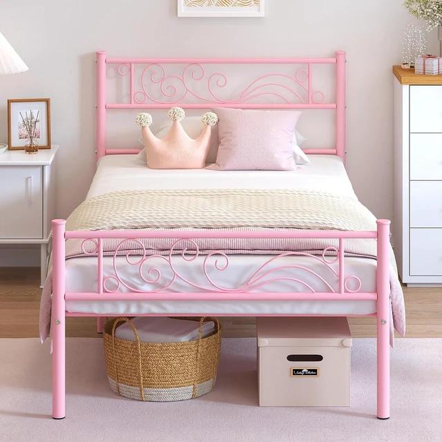 Main image of Twin Metal Platform Bed Frame with Headboard, 11.2 Inch Under Bed Storage, Heavy Duty Steel Slats, No Box Spring Needed, Easy Assembly, Pink