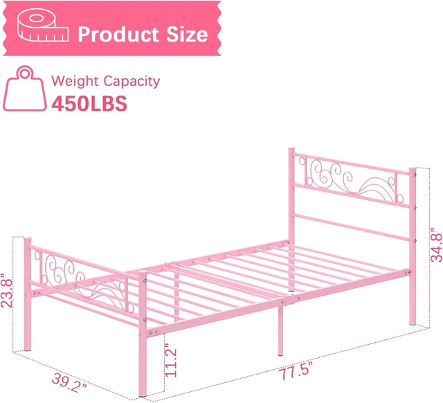 Alt view image 2 of 7 - Twin Metal Platform Bed Frame with Headboard, 11.2 Inch Under Bed Storage, Heavy Duty Steel Slats, No Box Spring Needed, Easy Assembly, Pink