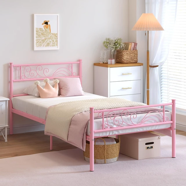 Alt view image 3 of 7 - Twin Metal Platform Bed Frame with Headboard, 11.2 Inch Under Bed Storage, Heavy Duty Steel Slats, No Box Spring Needed, Easy Assembly, Pink