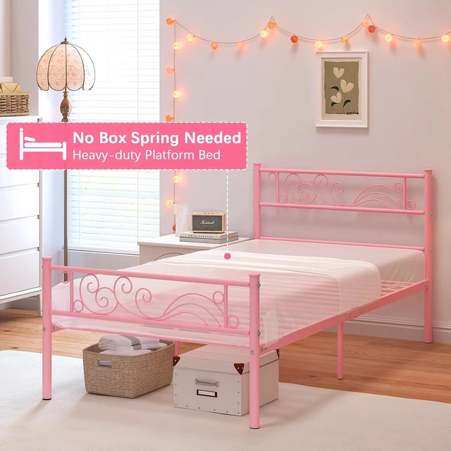 Alt view image 5 of 7 - Twin Metal Platform Bed Frame with Headboard, 11.2 Inch Under Bed Storage, Heavy Duty Steel Slats, No Box Spring Needed, Easy Assembly, Pink