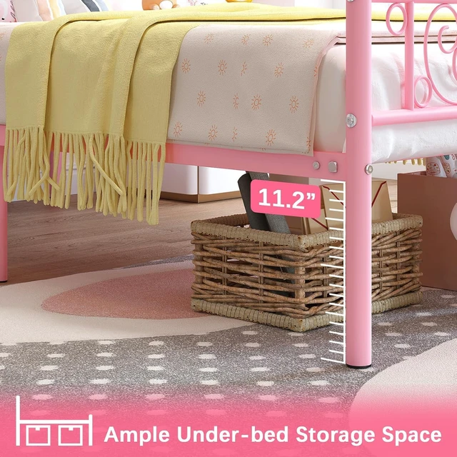 Alt view image 6 of 7 - Twin Metal Platform Bed Frame with Headboard, 11.2 Inch Under Bed Storage, Heavy Duty Steel Slats, No Box Spring Needed, Easy Assembly, Pink