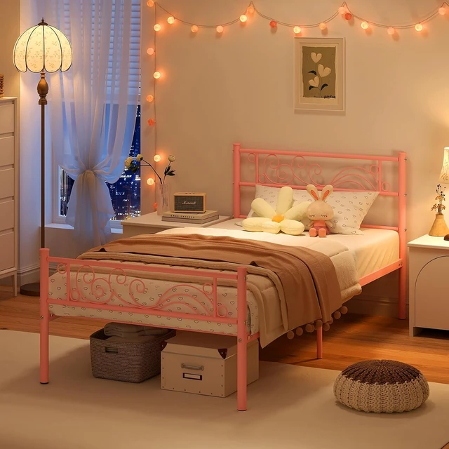 Alt view image 7 of 7 - Twin Metal Platform Bed Frame with Headboard, 11.2 Inch Under Bed Storage, Heavy Duty Steel Slats, No Box Spring Needed, Easy Assembly, Pink
