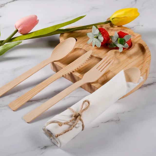 Alt view image 3 of 7 - 100 Pack Pre Rolled Bamboo Cutlery Set, Compostable Biodegradable Disposable Utensils with Thick Napkins, 400 PCS Forks Knives Spoons Combo for Wedding Party Birthday Catering Events