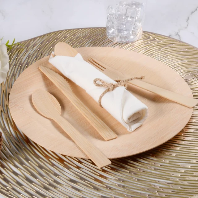 Alt view image 6 of 7 - 100 Pack Pre Rolled Bamboo Cutlery Set, Compostable Biodegradable Disposable Utensils with Thick Napkins, 400 PCS Forks Knives Spoons Combo for Wedding Party Birthday Catering Events