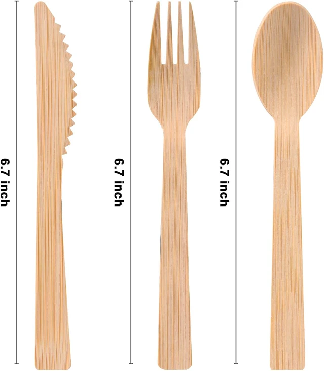 Alt view image 7 of 7 - 100 Pack Pre Rolled Bamboo Cutlery Set, Compostable Biodegradable Disposable Utensils with Thick Napkins, 400 PCS Forks Knives Spoons Combo for Wedding Party Birthday Catering Events