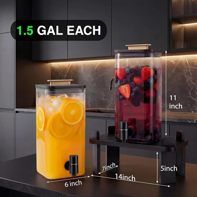Alt view image 2 of 7 - 2 Pack 3 Gallon Borosilicate Glass Beverage Dispenser, Modern Countertop Drink Station with Matte Wood Stand, Leakproof Spigot and Air Valve for Home Bar Spa Party