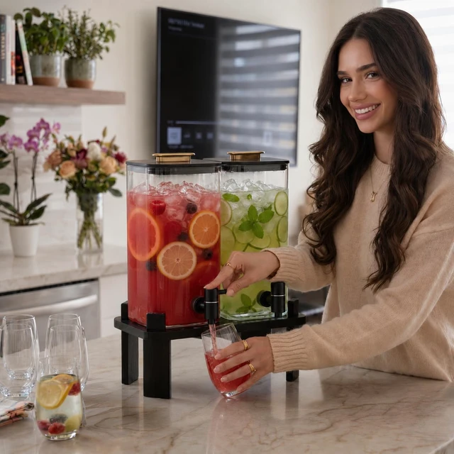 Alt view image 3 of 7 - 2 Pack 3 Gallon Borosilicate Glass Beverage Dispenser, Modern Countertop Drink Station with Matte Wood Stand, Leakproof Spigot and Air Valve for Home Bar Spa Party