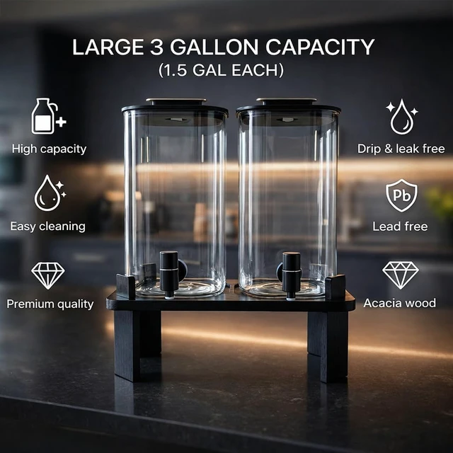 Alt view image 4 of 7 - 2 Pack 3 Gallon Borosilicate Glass Beverage Dispenser, Modern Countertop Drink Station with Matte Wood Stand, Leakproof Spigot and Air Valve for Home Bar Spa Party