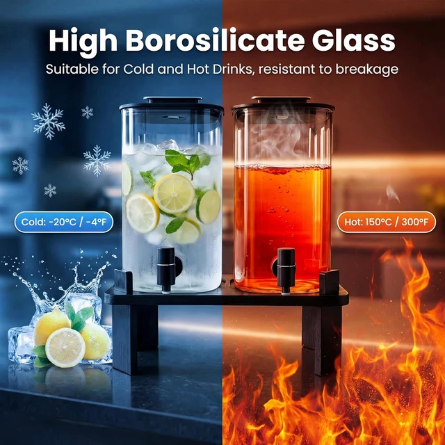 Alt view image 6 of 7 - 2 Pack 3 Gallon Borosilicate Glass Beverage Dispenser, Modern Countertop Drink Station with Matte Wood Stand, Leakproof Spigot and Air Valve for Home Bar Spa Party