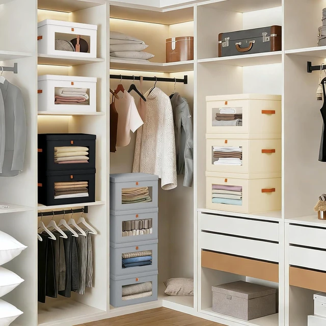Alt view image 3 of 6 - Collapsible Fabric Storage Bins with Lids, 8 Pack Large Closet Organizer with Window & Reinforced Handles, Storage Boxes for Shelves Under Bed, Clothes Blankets Sweaters Books