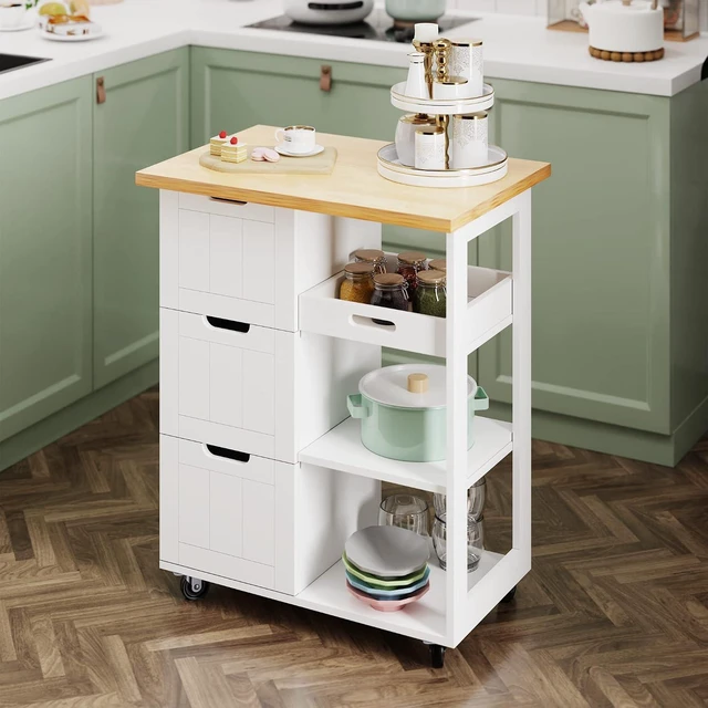 Main image of White Rolling Kitchen Island Cart, Mobile Narrow Utility Storage Cart with 3 Drawers, Open Shelves and Removable Tray, Rubberwood Countertop with Lockable Swivel Wheels for Kitchen Dining Room
