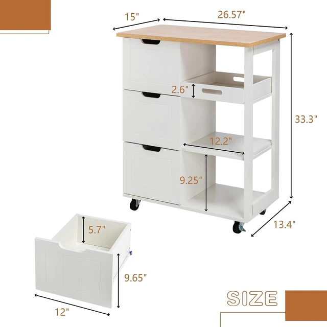 Alt view image 2 of 7 - White Rolling Kitchen Island Cart, Mobile Narrow Utility Storage Cart with 3 Drawers, Open Shelves and Removable Tray, Rubberwood Countertop with Lockable Swivel Wheels for Kitchen Dining Room