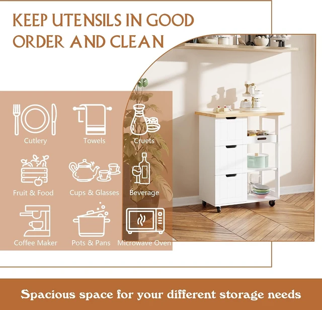 Alt view image 3 of 7 - White Rolling Kitchen Island Cart, Mobile Narrow Utility Storage Cart with 3 Drawers, Open Shelves and Removable Tray, Rubberwood Countertop with Lockable Swivel Wheels for Kitchen Dining Room