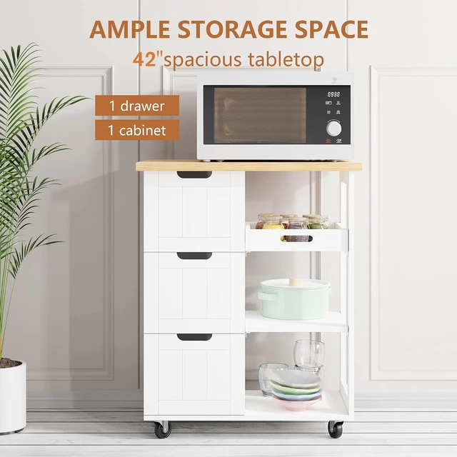 Alt view image 4 of 7 - White Rolling Kitchen Island Cart, Mobile Narrow Utility Storage Cart with 3 Drawers, Open Shelves and Removable Tray, Rubberwood Countertop with Lockable Swivel Wheels for Kitchen Dining Room
